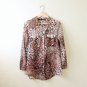 ZARA Basic •  Semi Sheer Leopard Print Button Down